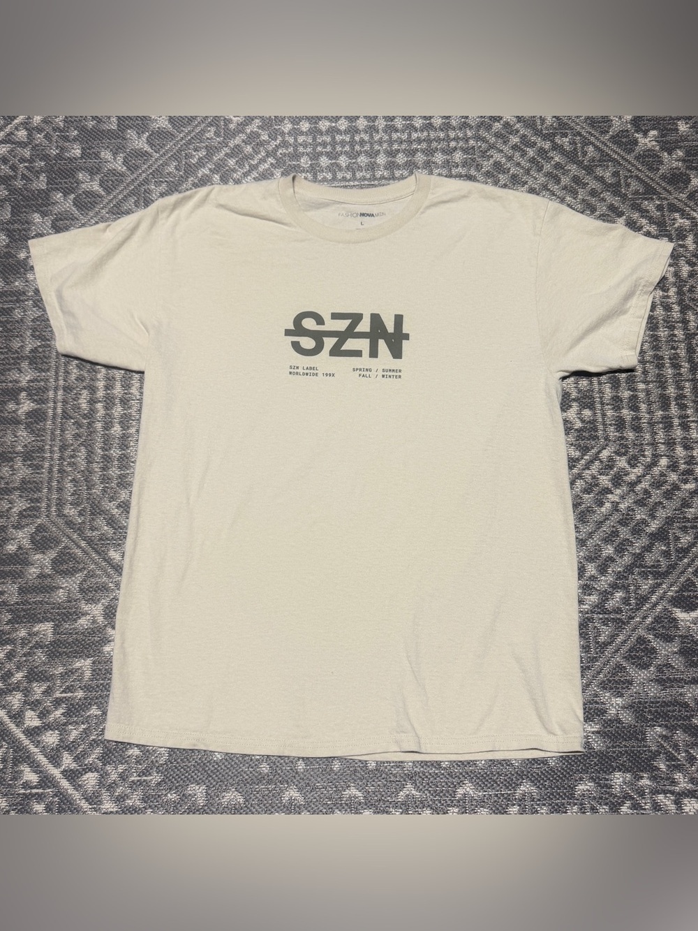 Fashion Nova SZN Logo Short Sleeve Tee in Cream with Gray Print